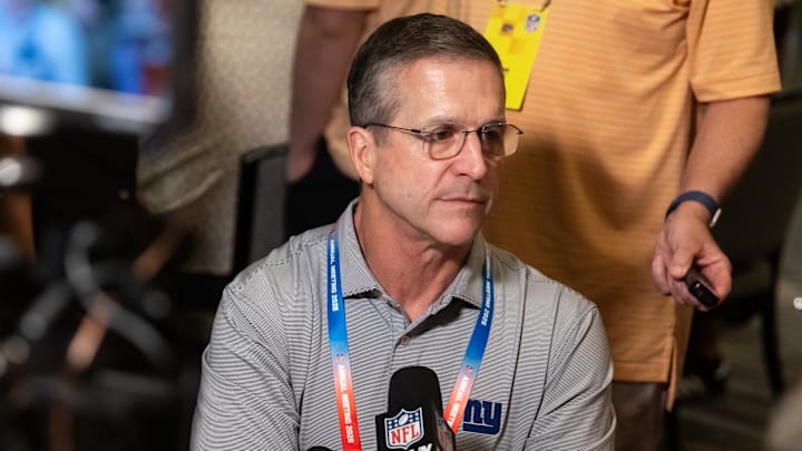 Mar 30, 2026; Phoenix, AZ, USA; New York Giants head coach John Harbaugh during the 2026 NFL Annual League Meeting at the Arizona Biltmore. Mandatory Credit: Mark J. Rebilas-Imagn Images
