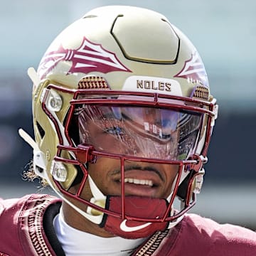 Sep 6, 2025; Tallahassee, Florida, USA; Florida State Seminoles quarterback Tommy Castellanos (1) before the game against the East Texas A&M Lions at Doak S. Campbell Stadium. Mandatory Credit: Melina Myers-Imagn Images
