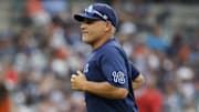 Jul 9, 2025; Detroit, Michigan, USA;  Tampa Bay Rays manager Kevin Cash (mg) walks off the field in the seventh inning against the Detroit Tigers at Comerica Park. 