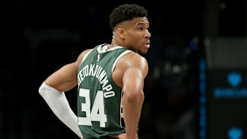 Feb 28, 2023; Brooklyn, New York, USA; Milwaukee Bucks forward Giannis Antetokounmpo (34) reacts during the first quarter against the Brooklyn Nets at Barclays Center. Mandatory Credit: Brad Penner-Imagn Images