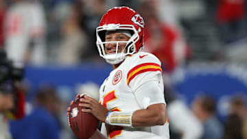 Sep 21, 2025; East Rutherford, New Jersey, USA; Kansas City Chiefs quarterback Patrick Mahomes (15) warms up before the game against the New York Giants at MetLife Stadium. Mandatory Credit: Vincent Carchietta-Imagn Images