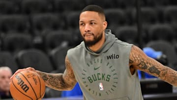Mar 16, 2025; Milwaukee, Wisconsin, USA; Milwaukee Bucks guard Damian Lillard (0) warms up before game against the Oklahoma City Thunder at Fiserv Forum. Mandatory Credit: Benny Sieu-Imagn Images