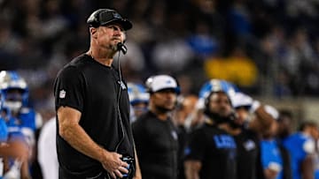 Detroit Lions head coach Dan Campbell reacts to a play against LA Chargers during the second half of the Hall of Fame Game at Tom Benson Hall of Fame Stadium in Canton, Ohio on Thursday, July 31, 2025.