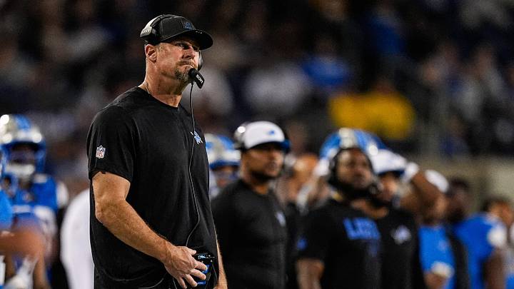 Detroit Lions head coach Dan Campbell reacts to a play against LA Chargers during the second half of the Hall of Fame Game at Tom Benson Hall of Fame Stadium in Canton, Ohio on Thursday, July 31, 2025.
