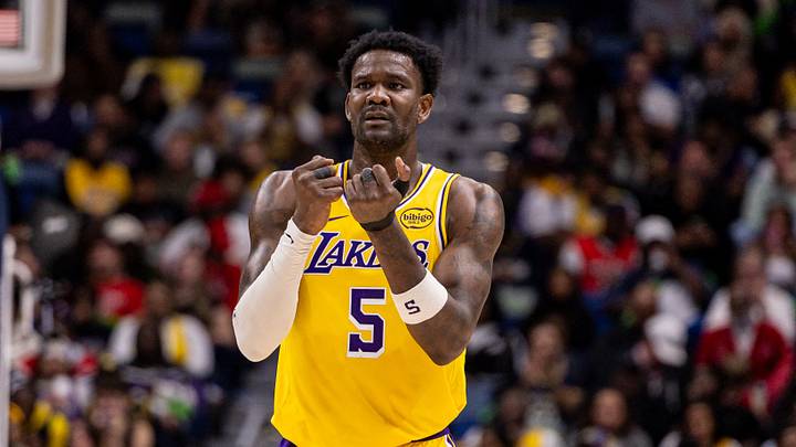 Jan 6, 2026; New Orleans, Louisiana, USA;  Los Angeles Lakers center Deandre Ayton (5) reacts to a play against the New Orleans Pelicans during the second half at Smoothie King Center. Mandatory Credit: Stephen Lew-Imagn Images