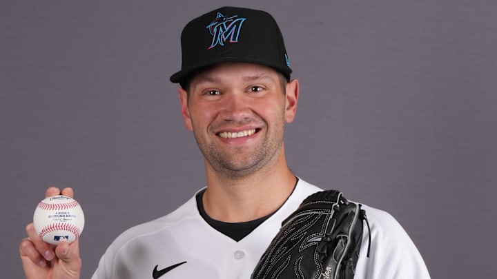 Feb 18, 2026; Jupiter, FL, USA;  Miami Marlins pitcher Garrett Acton (40) poses during photo day at Roger Dean Stadium. Mandatory Credit: Jim Rassol-Imagn Images

