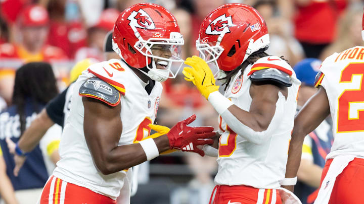 Aug 9, 2025; Glendale, Arizona, USA; Kansas City Chiefs wide receiver JuJu Smith-Schuster (9) celebrates with running back Isiah Pacheco (10) against the Arizona Cardinals during a preseason NFL game at State Farm Stadium. Mandatory Credit: Mark J. Rebilas-Imagn Images