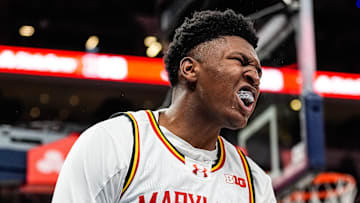 Maryland center Derik Queen (25) celebrates a play against Michigan during the second half of Big Ten Tournament semifinal at Gainbridge Fieldhouse in Indianapolis, Ind. on Saturday, March 15, 2025.