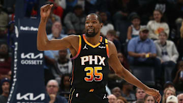 Mar 10, 2025; Memphis, Tennessee, USA; Phoenix Suns forward Kevin Durant (35) reacts during the fourth quarter against the Memphis Grizzlies at FedExForum. Mandatory Credit: Petre Thomas-Imagn Images