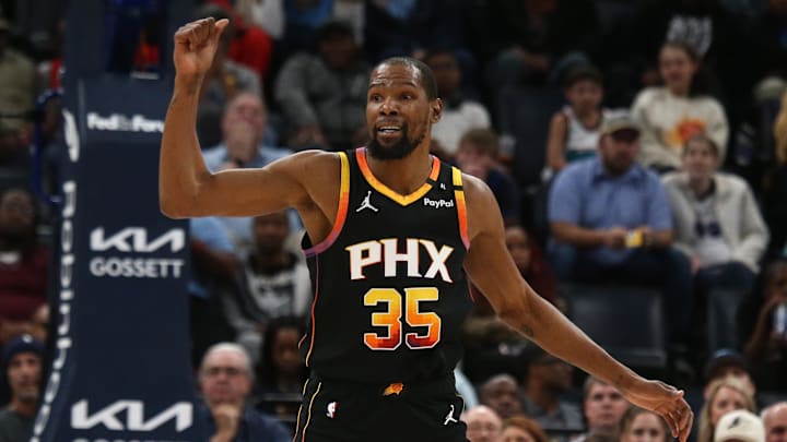 Mar 10, 2025; Memphis, Tennessee, USA; Phoenix Suns forward Kevin Durant (35) reacts during the fourth quarter against the Memphis Grizzlies at FedExForum. Mandatory Credit: Petre Thomas-Imagn Images