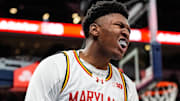 Maryland center Derik Queen (25) celebrates a play against Michigan during the second half of Big Ten Tournament semifinal at Gainbridge Fieldhouse in Indianapolis, Ind. on Saturday, March 15, 2025.