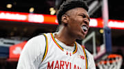 Maryland center Derik Queen (25) celebrates a play against Michigan during the second half of Big Ten Tournament semifinal at Gainbridge Fieldhouse in Indianapolis, Ind. on Saturday, March 15, 2025.