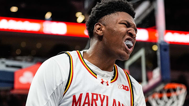 Maryland center Derik Queen (25) celebrates a play against Michigan during the second half of Big Ten Tournament semifinal at Gainbridge Fieldhouse in Indianapolis, Ind. on Saturday, March 15, 2025. Maryland center Derik Queen (25) celebrates a play against Michigan during the second half of Big Ten Tournament semifinal at Gainbridge Fieldhouse in Indianapolis, Ind. on Saturday, March 15, 2025.