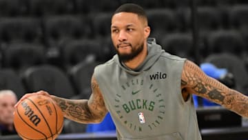 Mar 16, 2025; Milwaukee, Wisconsin, USA; Milwaukee Bucks guard Damian Lillard (0) warms up before game against the Oklahoma City Thunder at Fiserv Forum. Mandatory Credit: Benny Sieu-Imagn Images