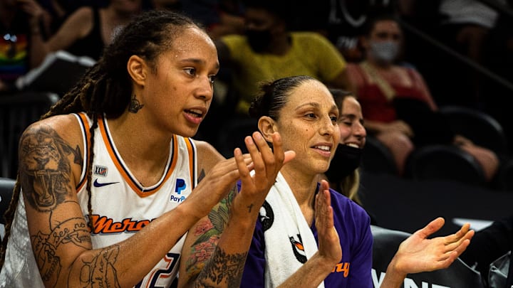 Olympic gold medalists, guard, and five-time gold medalist, Diana Taurasi (3) and center Brittney Griner (42), take a rest on the sidelines during the first post-Olympic game at the Footprint Center in Phoenix, Aug. 15, 2021.
Cent02 7h45hkwg75yt2c5o837 Original Olympic gold medalists, guard, and five-time gold medalist, Diana Taurasi (3) and center Brittney Griner (42), take a rest on the sidelines during the first post-Olympic game at the Footprint Center in Phoenix, Aug. 15, 2021.
Cent02 7h45hkwg75yt2c5o837 Original