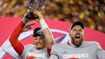 Jan. 29, 2023: Patrick Mahomes raises the Lamar Hunt Trophy while Travis Kelce celebrates after the Kansas City Chiefs' 23-20 win over the Cincinnati Bengals in the AFC championship game at Arrowhead Stadium.