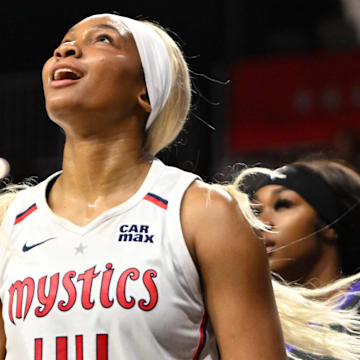 Jun 8, 2025; Washington, District of Columbia, USA; Washington Mystics forward Kiki Iriafen (44) reacts after being called for a traveling violation against the Connecticut Sun during the second quarter at CareFirst Arena. Mandatory Credit: Rafael Suanes-Imagn Images