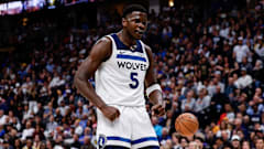May 6, 2024; Denver, Colorado, USA; Minnesota Timberwolves guard Anthony Edwards celebrates after a dunk.