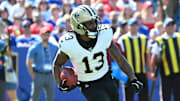 Sep 28, 2025; Orchard Park, New York, USA; New Orleans Saints running back Velus Jones Jr. (13) runs for a gain during the first quarter against the Buffalo Bills at Highmark Stadium.