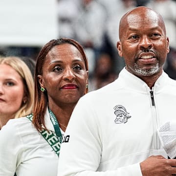 Michigan State athletic director Alan Haller watches senior celebration after 79-62 win over Michigan at Breslin Center in East Lansing on Sunday, March 9, 2025.