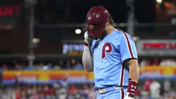 Philadelphia Phillies first baseman Bryce Harper injured himself on the final play of the game on Thursday