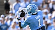 Sep 13, 2025; Chapel Hill, North Carolina, USA; North Carolina Tar Heels wide receiver Jordan Shipp (1) makes a catch in the second quarter at Kenan Stadium. 