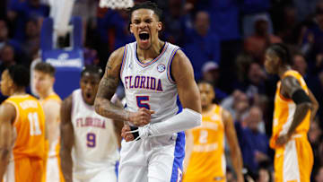 Jan 7, 2025; Gainesville, Florida, USA; Florida Gators guard Will Richard (5) reacts after a foul call against the Tennessee Volunteers during the first half at Exactech Arena at the Stephen C. O'Connell Center. Mandatory Credit: Matt Pendleton-Imagn Images