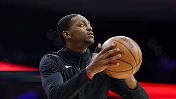 Jan 29, 2025; Philadelphia, Pennsylvania, USA; Sacramento Kings guard De'Aaron Fox warms up before a game against the Philadelphia 76ers at Wells Fargo Center. Mandatory Credit: Bill Streicher-Imagn Images