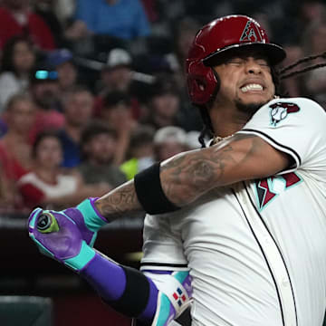 Jul 6, 2025; Phoenix, Arizona, USA; Arizona Diamondbacks second base Ketel Marte (4) strikes out against the Kansas City Royals in the first inning at Chase Field. Mandatory Credit: Rick Scuteri-Imagn Images