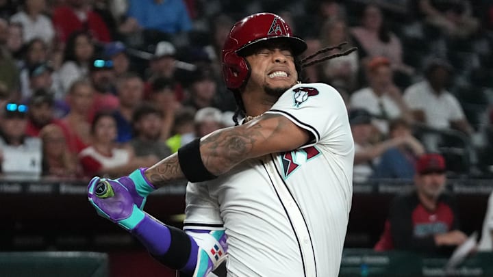 Jul 6, 2025; Phoenix, Arizona, USA; Arizona Diamondbacks second base Ketel Marte (4) strikes out against the Kansas City Royals in the first inning at Chase Field. Mandatory Credit: Rick Scuteri-Imagn Images