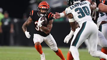 Aug 7, 2025; Philadelphia, Pennsylvania, USA; Cincinnati Bengals running back Chase Brown (30) runs with the ball against the Philadelphia Eagles during the first quarter at Lincoln Financial Field. Mandatory Credit: Bill Streicher-Imagn Images