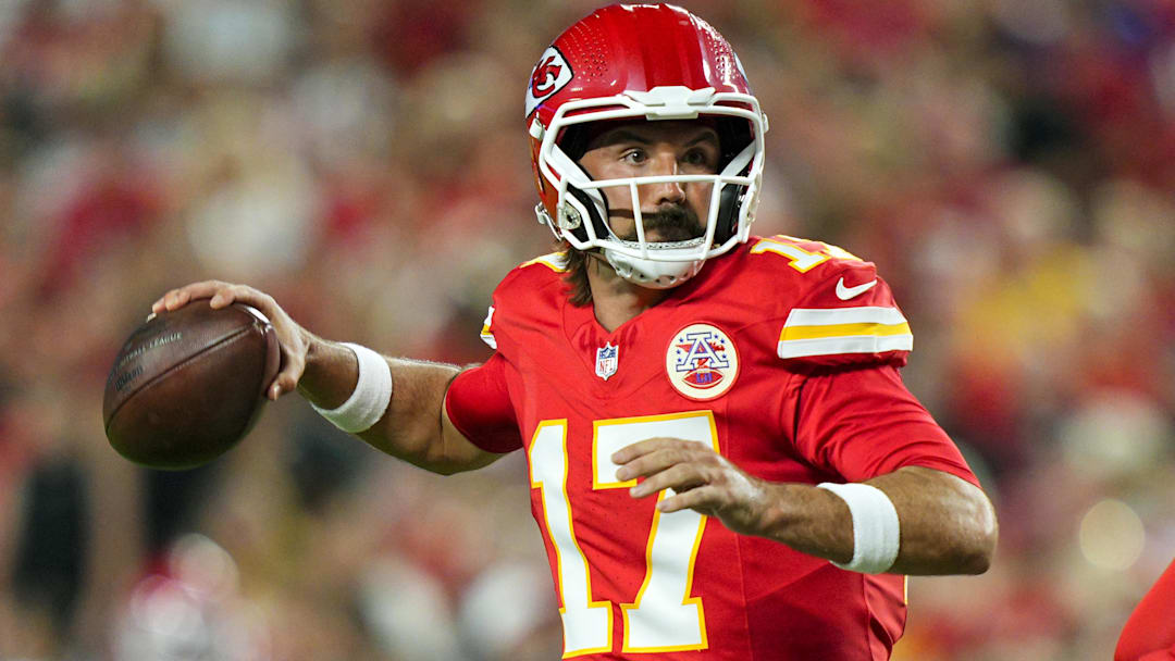 Aug 22, 2025; Kansas City, Missouri, USA; Kansas City Chiefs quarterback Gardner Minshew (17) throws a pass during the first half against the Chicago Bears at GEHA Field at Arrowhead Stadium.