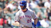 Apr 12, 2025; West Sacramento, California, USA; New York Mets first baseman Pete Alonso (20) reacts after striking out against the Athletics in the third inning at Sutter Health Park. Mandatory Credit: Cary Edmondson-Imagn Images