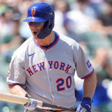 Apr 12, 2025; West Sacramento, California, USA; New York Mets first baseman Pete Alonso (20) reacts after striking out against the Athletics in the third inning at Sutter Health Park. Mandatory Credit: Cary Edmondson-Imagn Images