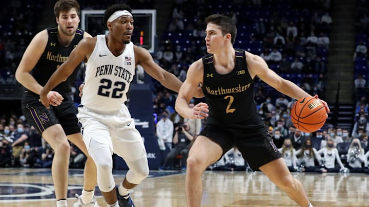 Feb 25, 2022; University Park, Pennsylvania, USA; Northwestern Wildcats guard Ryan Greer (2) dribbles the ball around the outside of Penn State Nittany Lions guard Jalen Pickett (22) during the second half at Bryce Jordan Center. Penn State defeated Northwestern 67-60. Mandatory Credit: Matthew OHaren-Imagn Images Feb 25, 2022; University Park, Pennsylvania, USA; Northwestern Wildcats guard Ryan Greer (2) dribbles the ball around the outside of Penn State Nittany Lions guard Jalen Pickett (22) during the second half at Bryce Jordan Center. Penn State defeated Northwestern 67-60. Mandatory Credit: Matthew OHaren-Imagn Images