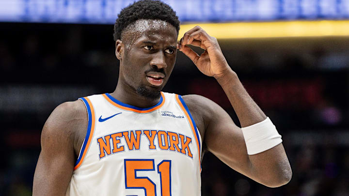 Dec 29, 2025; New Orleans, Louisiana, USA;  New York Knicks forward Mohamed Diawara (51) looks on against the New Orleans Pelicans during the first half at Smoothie King Center. Mandatory Credit: Stephen Lew-Imagn Images