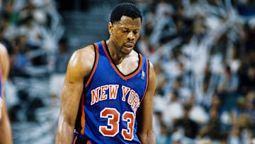 May 18, 1997; Miami, FL; USA; FILE PHOTO; New York Knicks center Patrick Ewing (33) reacts on the court against the Miami Heat during the the first round of the 1997 NBA Playoffs at the Miami Arena. Mandatory Credit: RVR Photos-Imagn Images