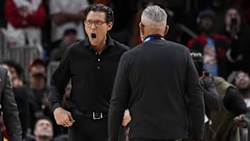 Dec 6, 2023; Atlanta, Georgia, USA; Atlanta Hawks head coach Quin Snyder reacts towards the officials after the final play against the Brooklyn Nets at State Farm Arena. Mandatory Credit: Dale Zanine-Imagn Images
