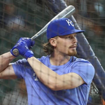 Kansas City Royals shortstop Bobby Witt Jr. (7) takes batting practice before the game against the Houston Astros at Minute Maid Park on Aug 31.