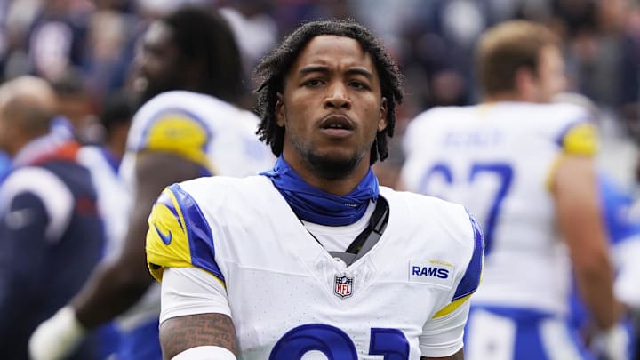 Sep 29, 2024; Chicago, Illinois, USA; Los Angeles Rams cornerback Charles Woods (21) in a game against the Chicago Bears at Soldier Field. Mandatory Credit: David Banks-Imagn Images