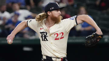 Jul 19, 2024; Arlington, Texas, USA; Texas Rangers pitcher Jon Gray (22) throws to the plate during the ninth inning against the Baltimore Orioles at Globe Life Field.