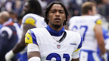 Sep 29, 2024; Chicago, Illinois, USA; Los Angeles Rams cornerback Charles Woods (21) in a game against the Chicago Bears at Soldier Field. Mandatory Credit: David Banks-Imagn Images