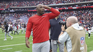 Oct 27, 2024; Houston, Texas, USA; Houston Texans head coach DeMeco Ryans reacts after the game against the Indianapolis Colts at NRG Stadium. Mandatory Credit: Troy Taormina-Imagn Images
