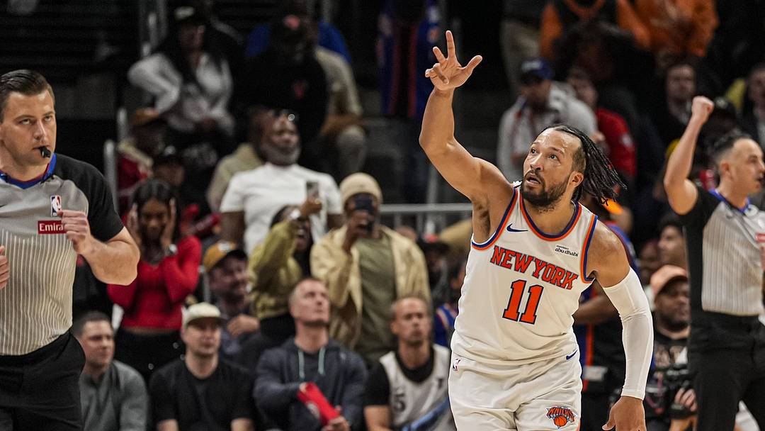 Apr 6, 2026; Atlanta, Georgia, USA; New York Knicks guard Jalen Brunson (11) reacts after making a three point shot against the Atlanta Hawks during the second half at State Farm Arena. Mandatory Credit: Dale Zanine-Imagn Images