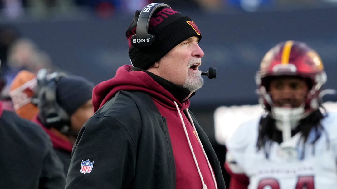Washington Commanders Head Coach, Dan Quinn, is shown during the second half, Sunday, December 14, 2025.