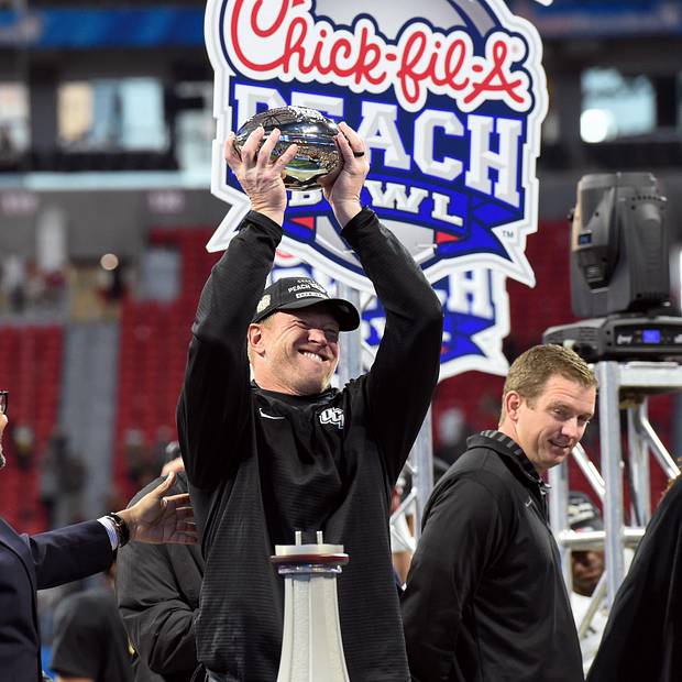 Central Florida Knights head coach Scott Frost reacts after defeating the Auburn Tigers at Mercedes-Benz Stadium.