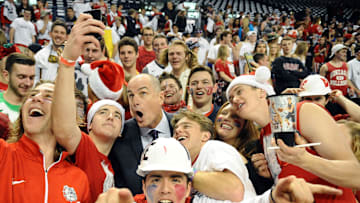 Dec 5, 2015; Spokane, WA, USA; ESPN basketball analyst Jay Bilas (center) poses for selfie prior to a Arizona Wildcats at Gonzaga Bulldogs men's basketball game at McCarthey Athletic Center. Mandatory Credit: James Snook-Imagn Images