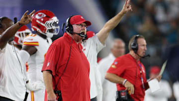 Oct 6, 2025; Jacksonville, Florida, USA; Kansas City Chiefs head coach Andy Reid during the first half against the Jacksonville Jaguars at EverBank Stadium. Mandatory Credit: Nathan Ray Seebeck-Imagn Images