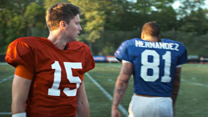 FX’s American Sports Story: Aaron Hernandez -- Pictured: (l-r) Patrick Schwarzenegger as Tim Tebow, Josh Rivera as Aaron Hernandez. CR: FX