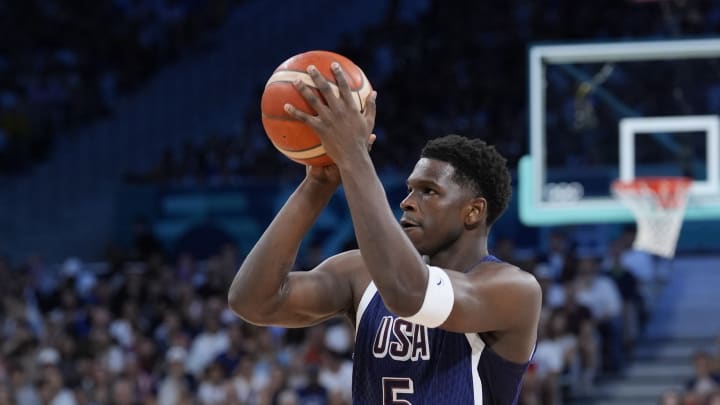 United States guard Anthony Edwards (5) shoots during the first quarter against Puerto Rico during the Paris Olympics at Stade Pierre-Mauroy in Villeneuve-d'Ascq, France, on Aug. 3, 2024.